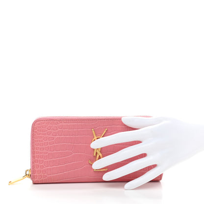 Saint Laurent Calfskin Crocodile Embossed Monogram Zip Around Wallet Pink 2 of 6
