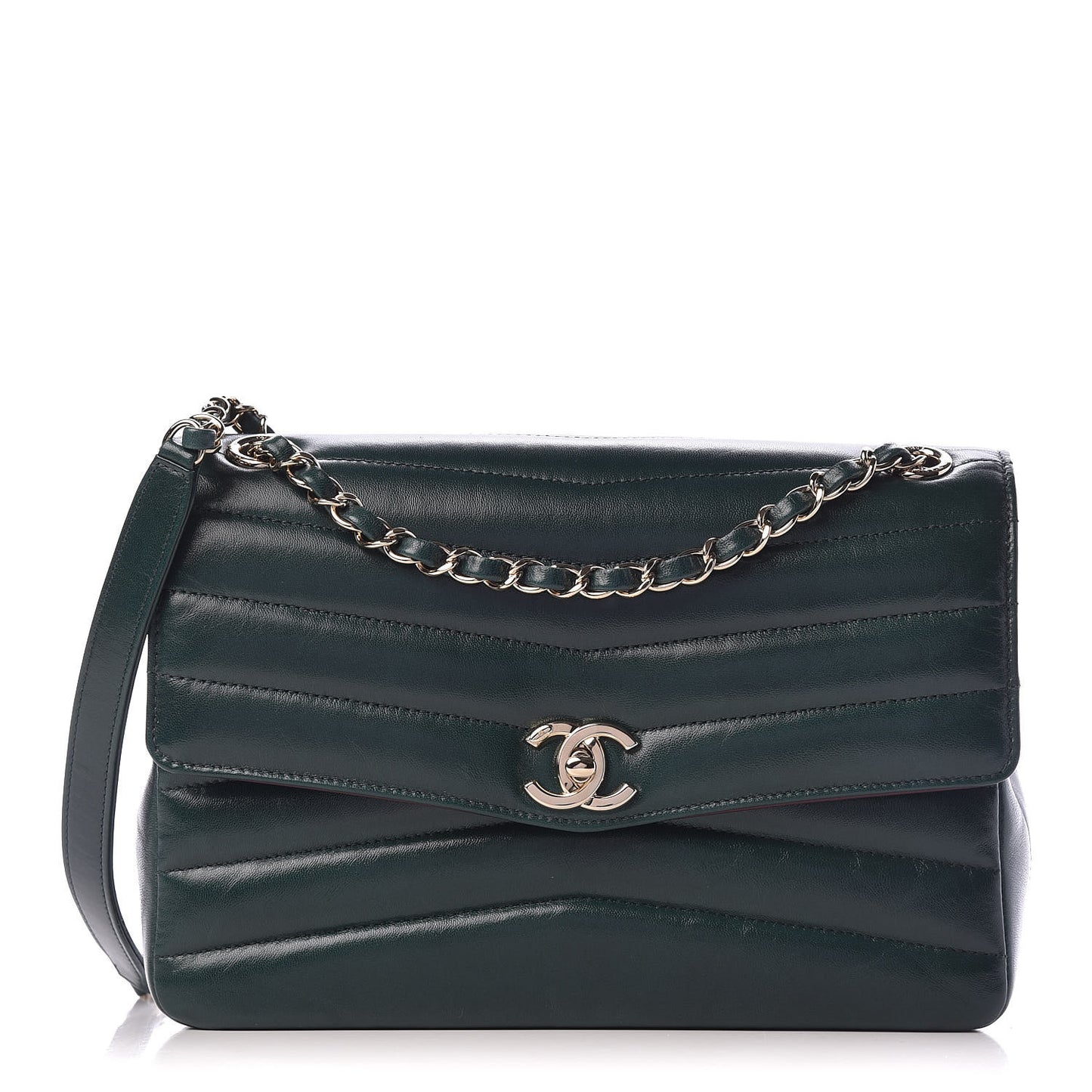 Shiny Lambskin Quilted Chevron Miroir Dark Green