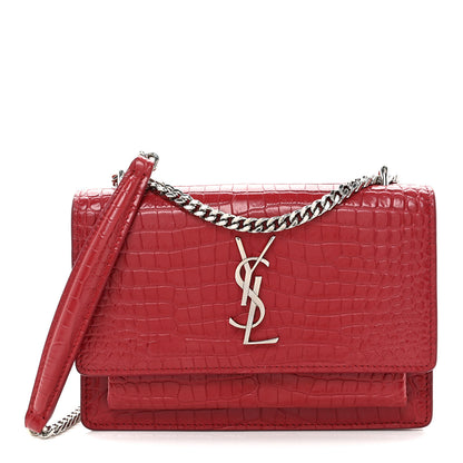 Saint Laurent Calfskin Crocodile Embossed Monogram Sunset Chain Wallet Rouge Eros 1 of 10