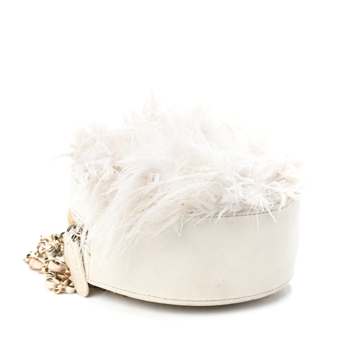 Lambskin Fur Quilted Round Clutch With Chain Ivory