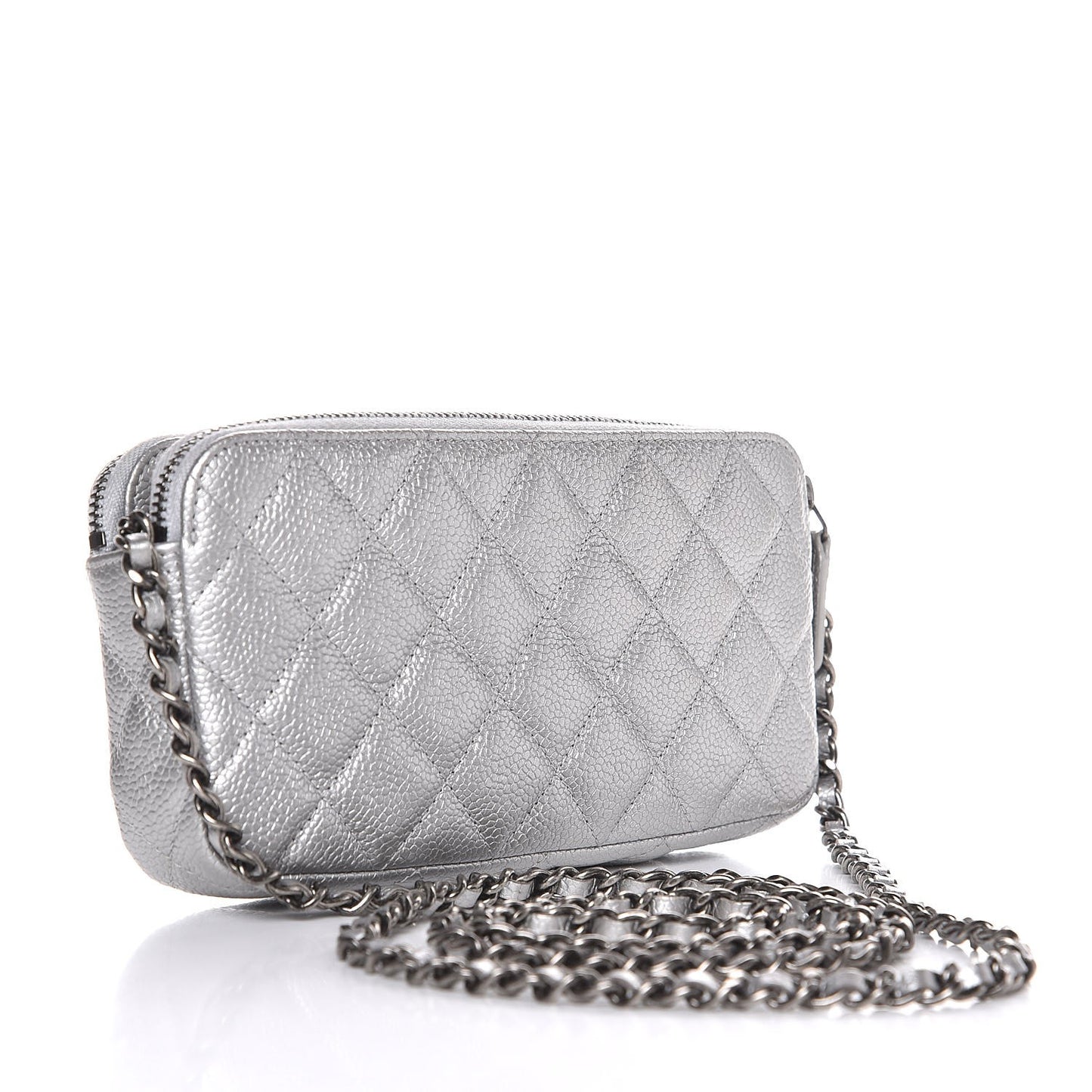 Metallic Caviar Quilted Small Clutch With Chain Silver