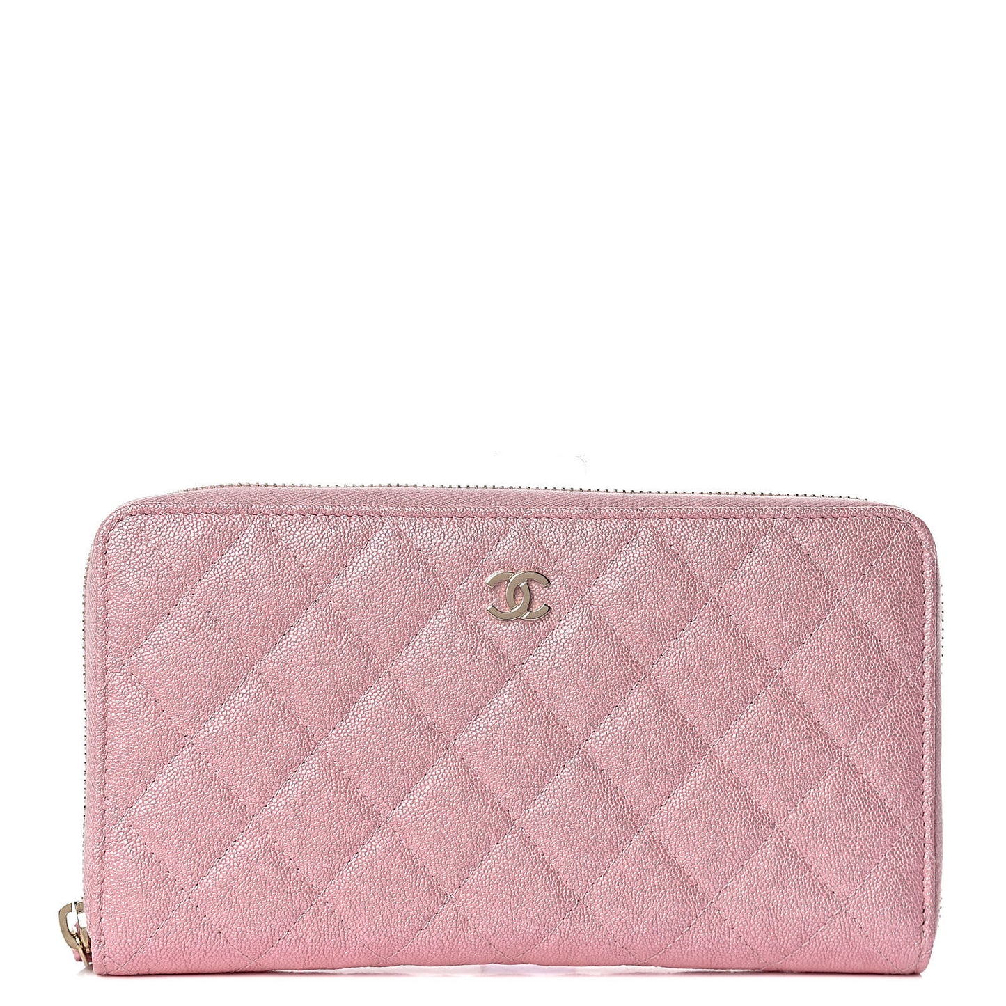 Iridescent Caviar Quilted Large Zip Around Organizer Wallet Pink