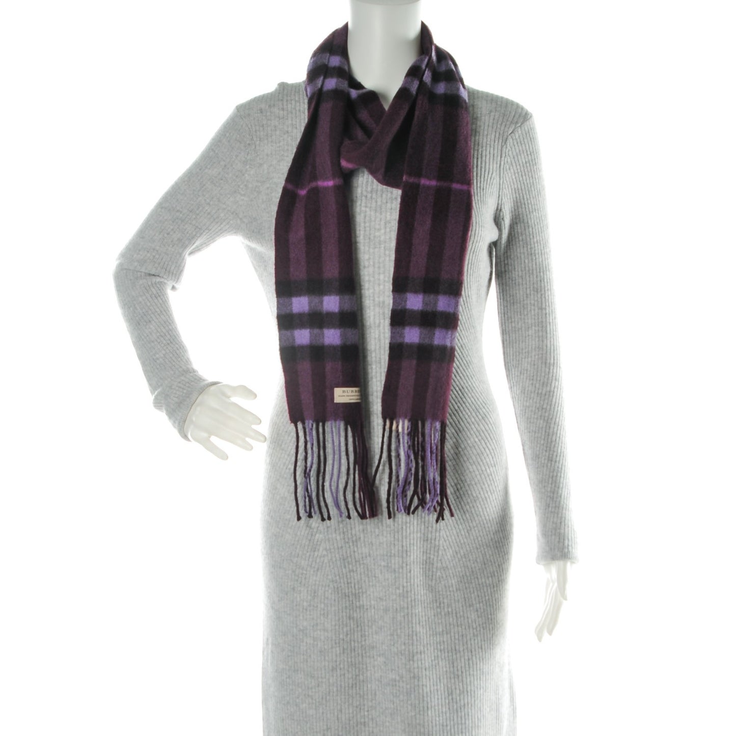 Cashmere Giant Check Fringe Skinny Scarf Plum