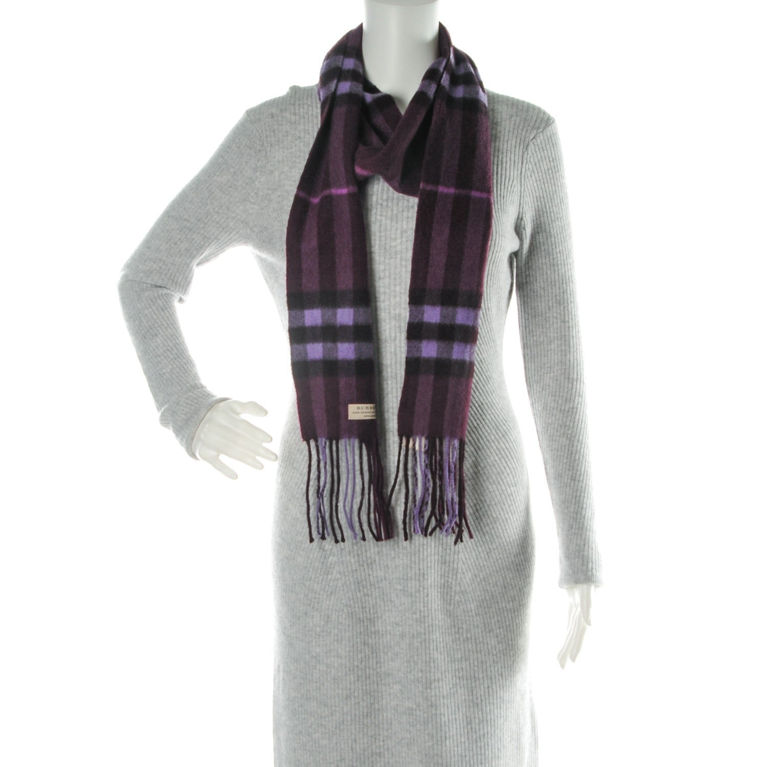 Burberry Cashmere Giant Check Fringe Skinny Scarf Plum 2 of 5