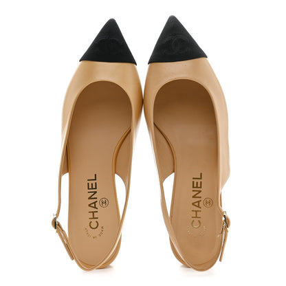 Chanel Goatskin Grosgrain Pointed Toe CC Slingback Flats 37 Beige Black 2 of 9