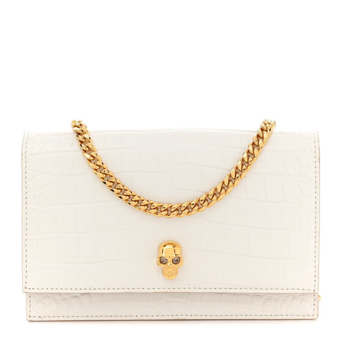 Calfskin Crocodile Embossed Skull Mini Crossbody Bag White