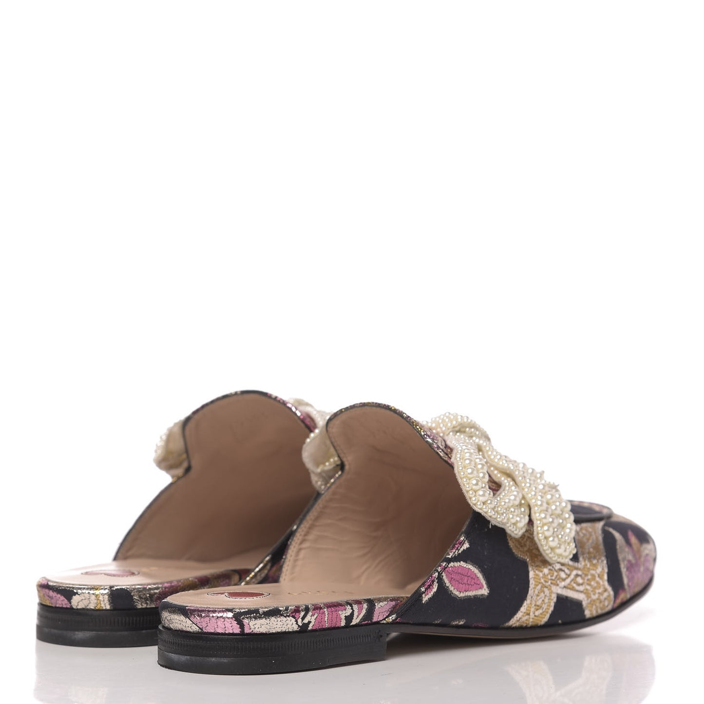 Iridescent Brocade Pearl Bow Womens Princetown Slippers 39.5 Black Pink