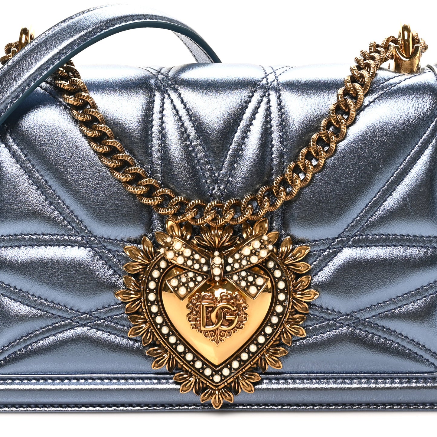 Metallic Nappa Quilted Medium Devotion Crossbody Bag Blue
