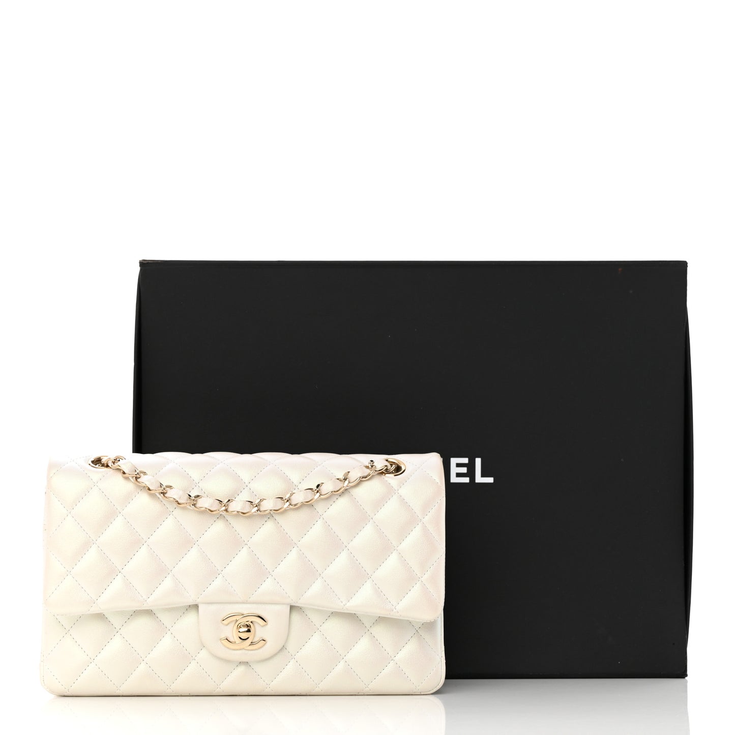 Iridescent Calfskin Quilted Medium Double Flap White