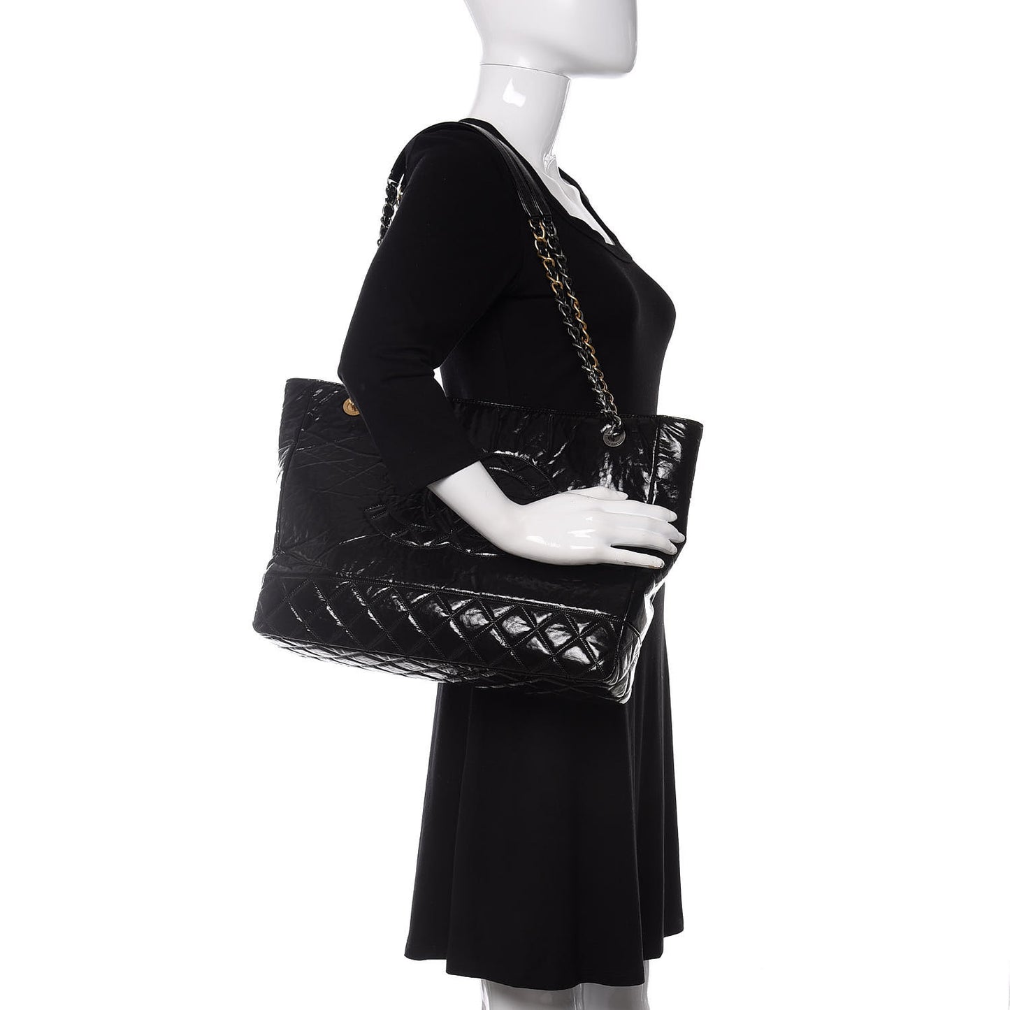 Shiny Aged Calfskin Quilted Large Shopping Bag Black