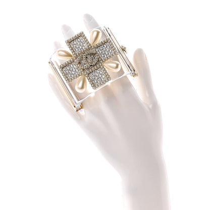 Chanel Resin Pearl Crystal Gripoix CC Cuff Transparent Gold 2 of 5