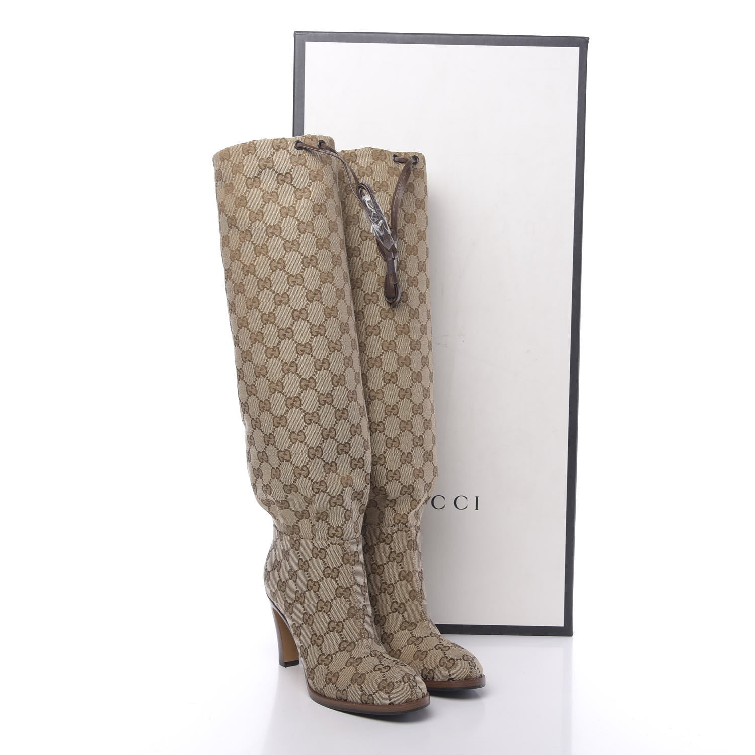 Gucci Monogram Malaga Kid Lisa Mid Heel Boots 36.5 Beige Ebony 7 of 7