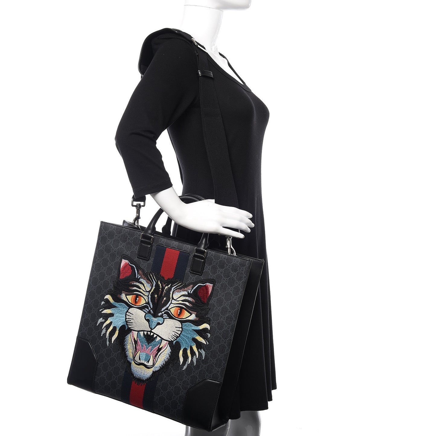 GG Supreme Monogram Web Angry Cat Embroidered Vertical Tote Black Grey