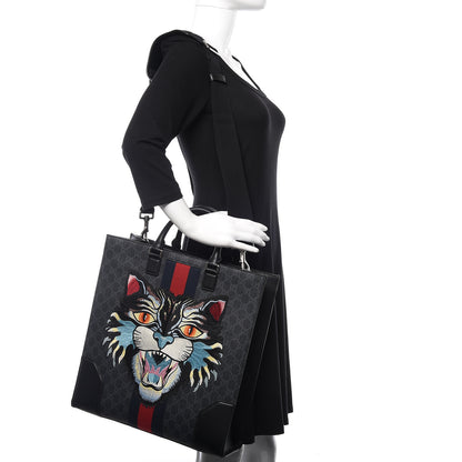Gucci GG Supreme Monogram Web Angry Cat Embroidered Vertical Tote Black Grey 2 of 11