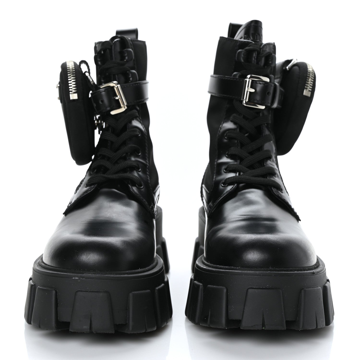 Prada Spazzolato Rois Nylon Metal Triangle Logo Monolith Pouch Pocket 55mm Boots 37.5 Black 3 of 9