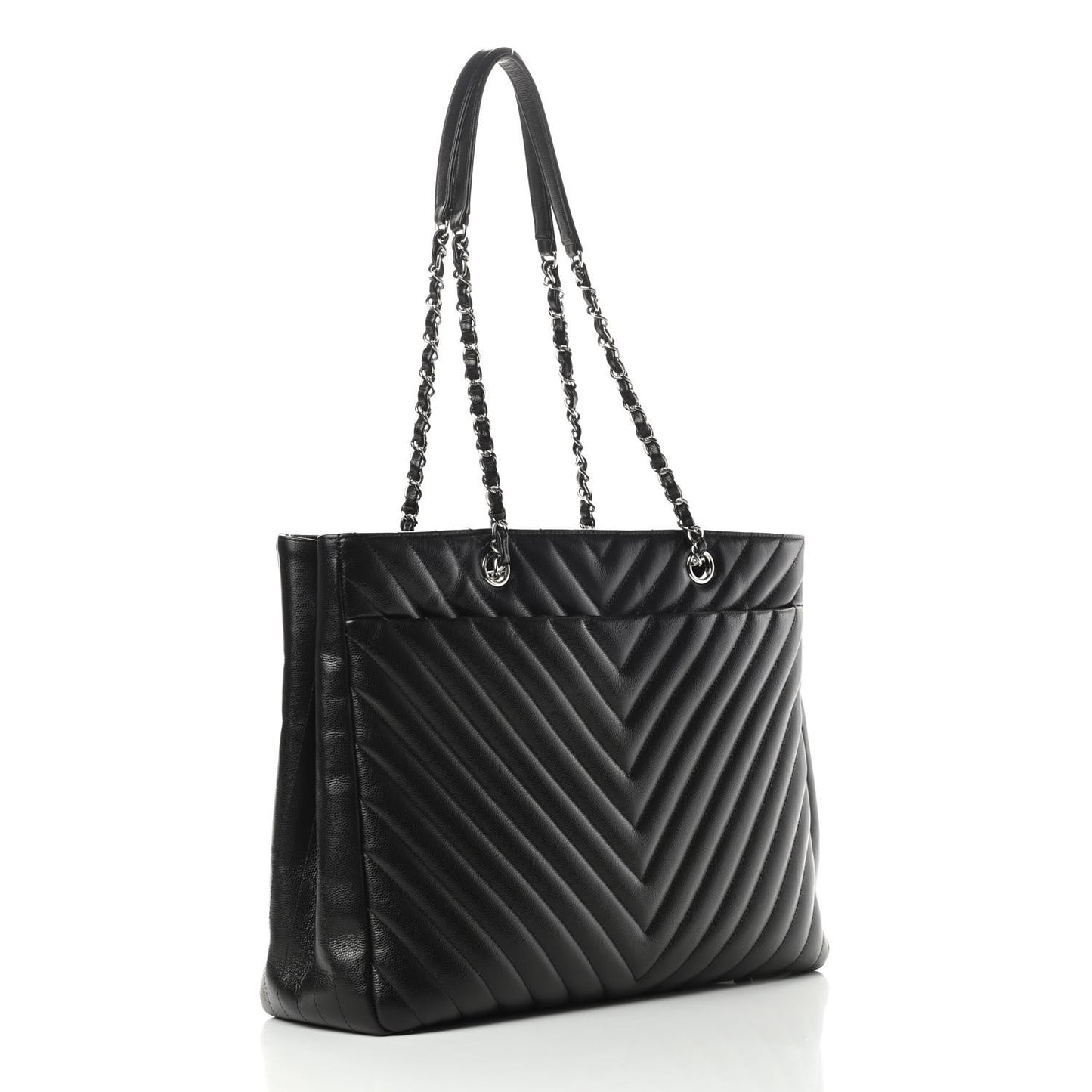 Caviar Chevron Quilted Large Shopping Tote Black