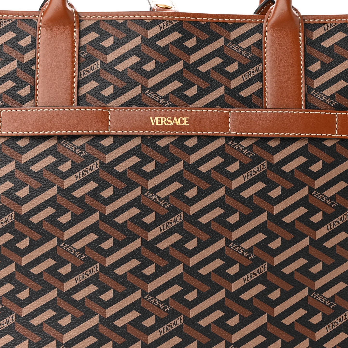 Coated Canvas Calfskin La Greca Signature Tote Bag Black Caramel
