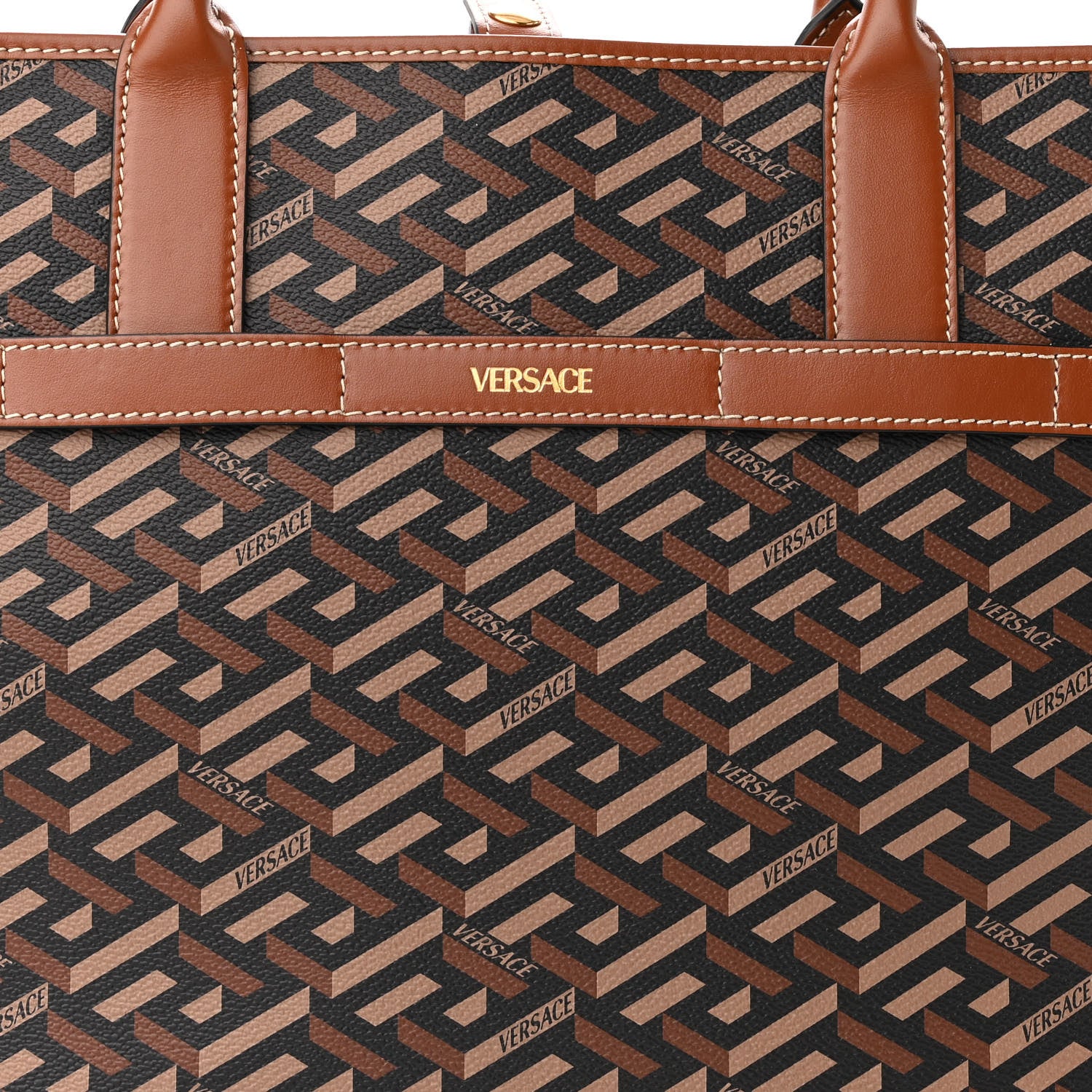 Versace Coated Canvas Calfskin La Greca Signature Tote Bag Black Caramel 7 of 9
