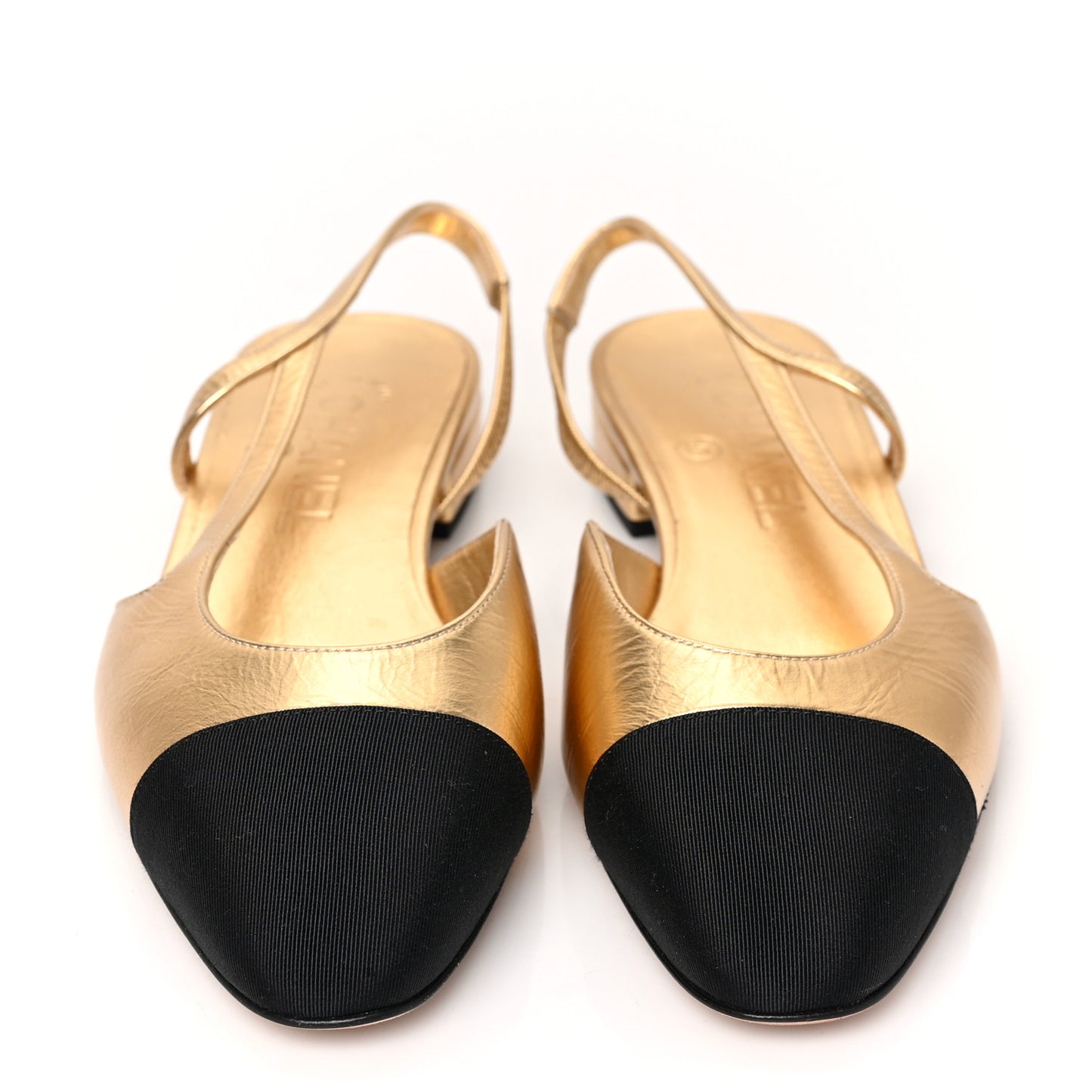 Laminated Lambskin Grosgrain Cap Toe CC Slingback Flats 36.5 Gold Black