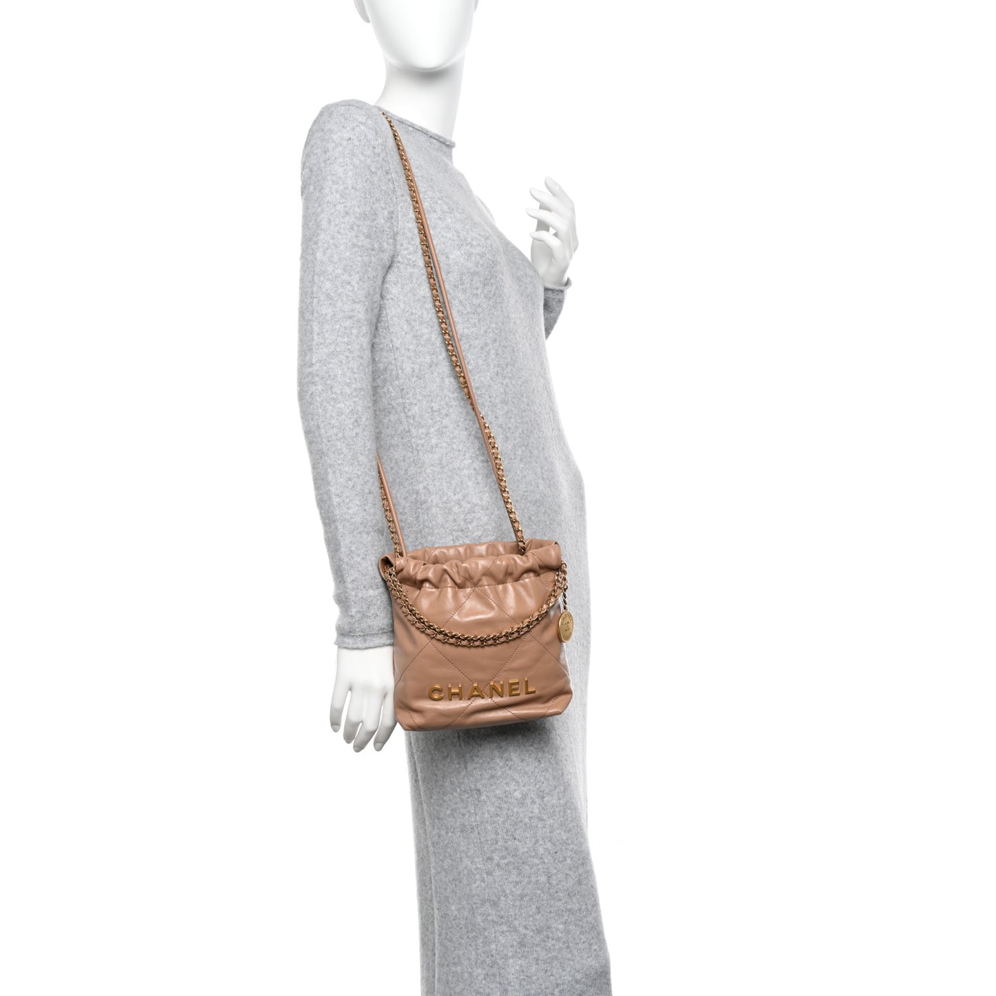 Shiny Calfskin Quilted Mini Chanel 22 Dark Beige