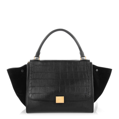 Celine Crocodile Embossed Calfskin Suede Medium Trapeze Black 1 of 7