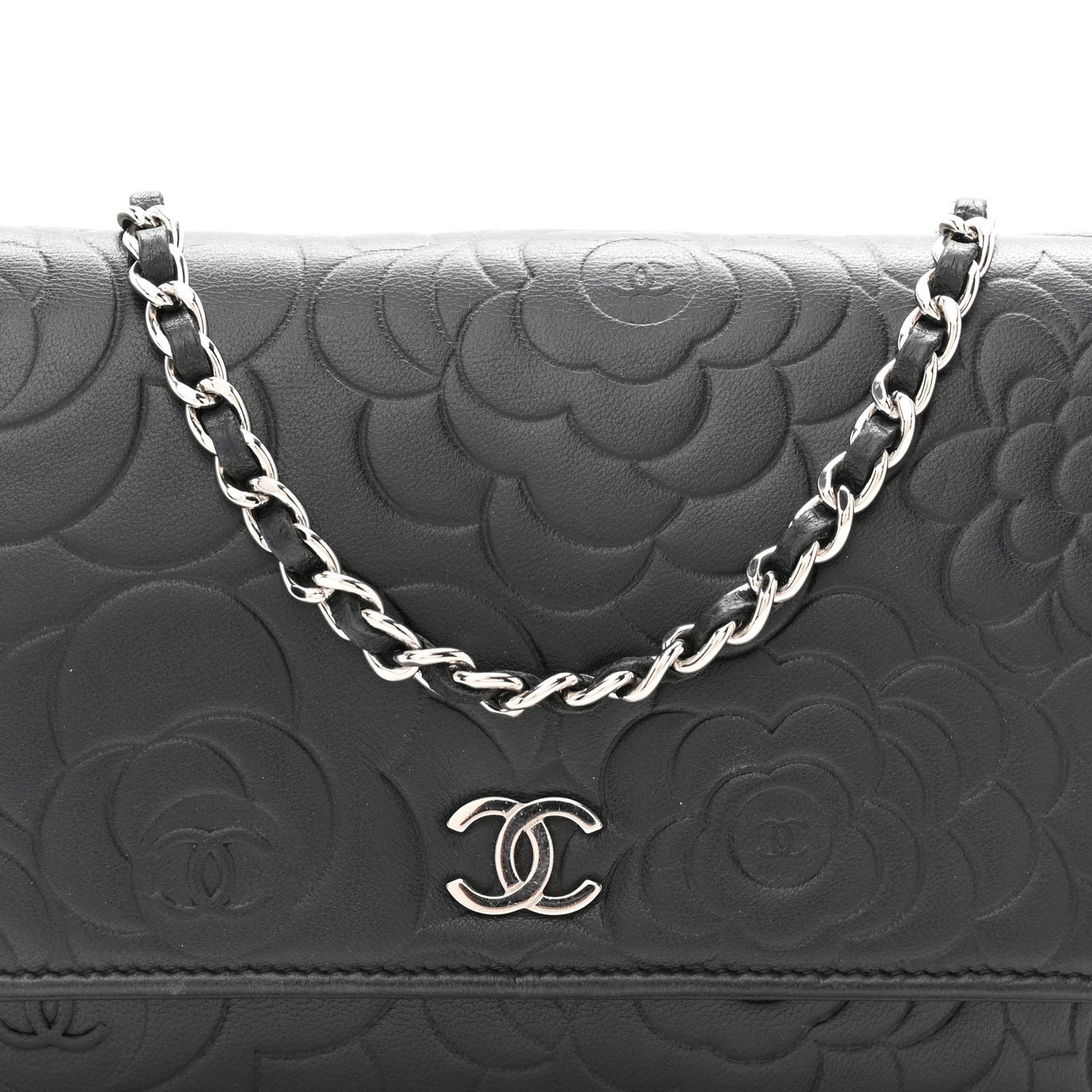 Lambskin Camellia Embossed Wallet On Chain WOC Black