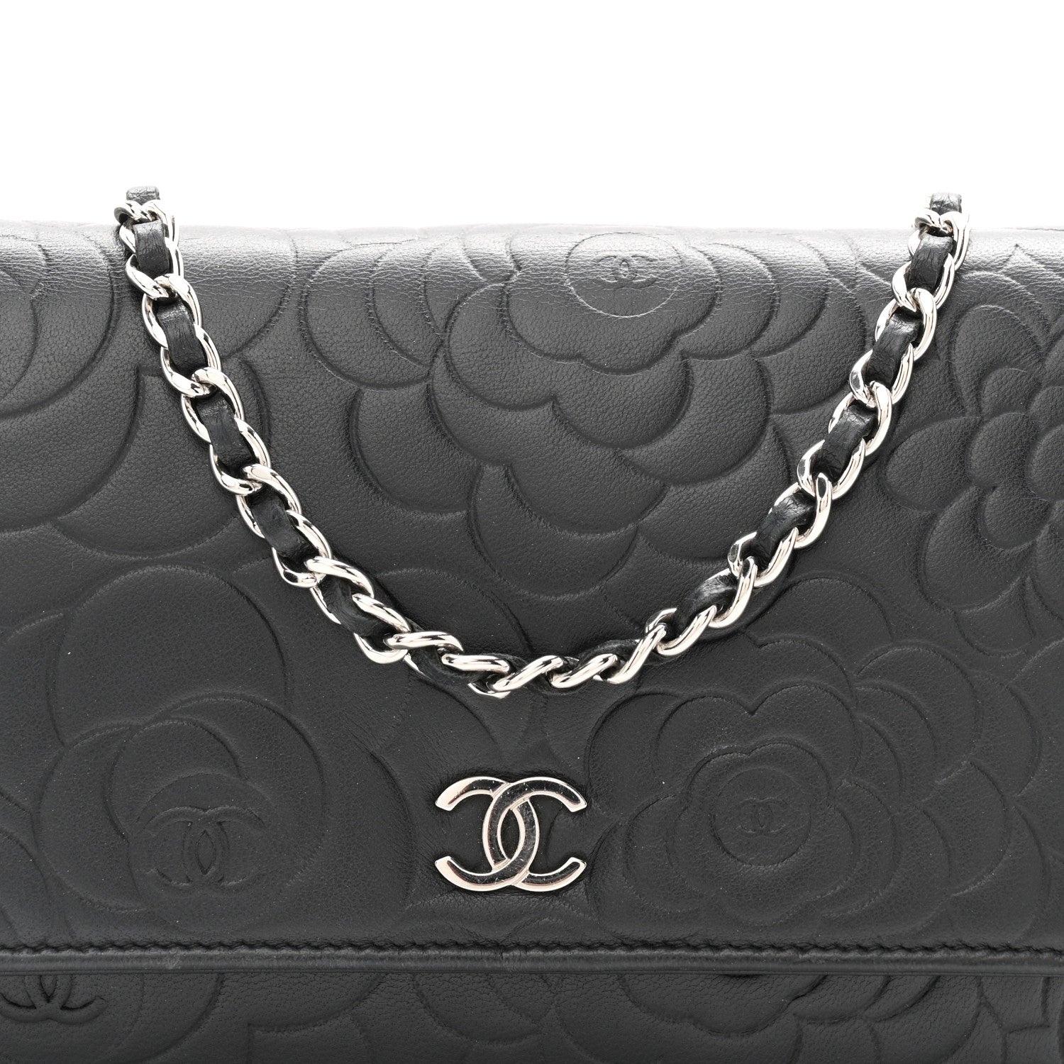 Chanel Lambskin Camellia Embossed Wallet On Chain WOC Black 9 of 11