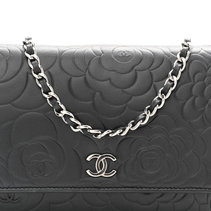 Chanel Lambskin Camellia Embossed Wallet On Chain WOC Black 9 of 11