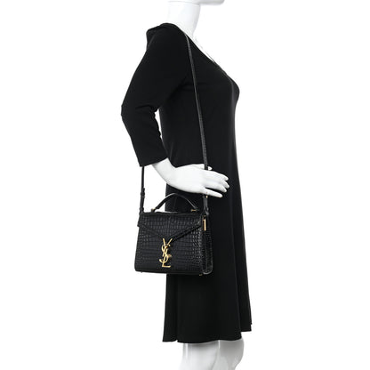 Saint Laurent Calfskin Crocodile Embossed Mini Classic Monogram Cassandra Top Handle Black 2 of 10