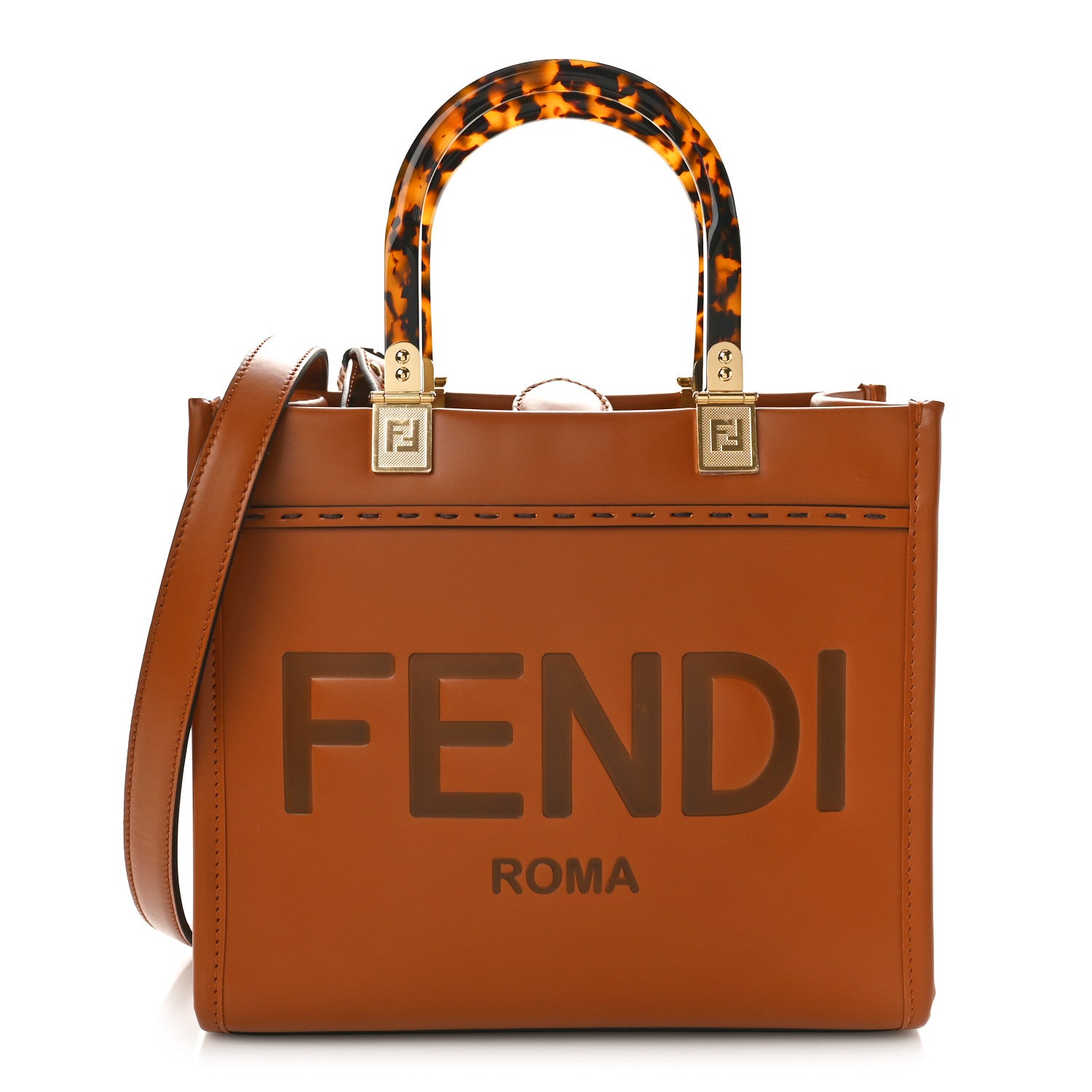 Fendi Vitello King Plexiglass Logo Embossed Small Fendi Sunshine Shopper Tote Cuoio 1 of 8
