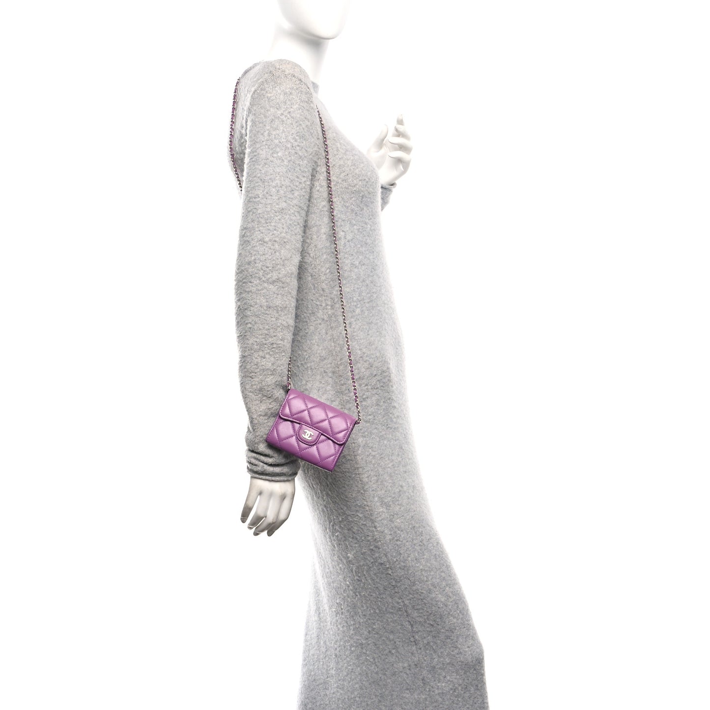 Lambskin Quilted Flap Card Holder On Chain Violet Purple