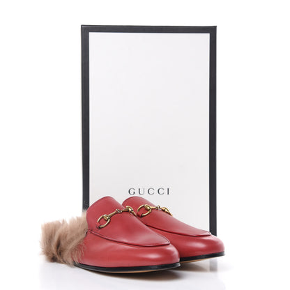 Gucci Betis Glamour Calfskin Fur Womens Princetown Slippers 37 Hibiscus Red Naturale 12 of 12