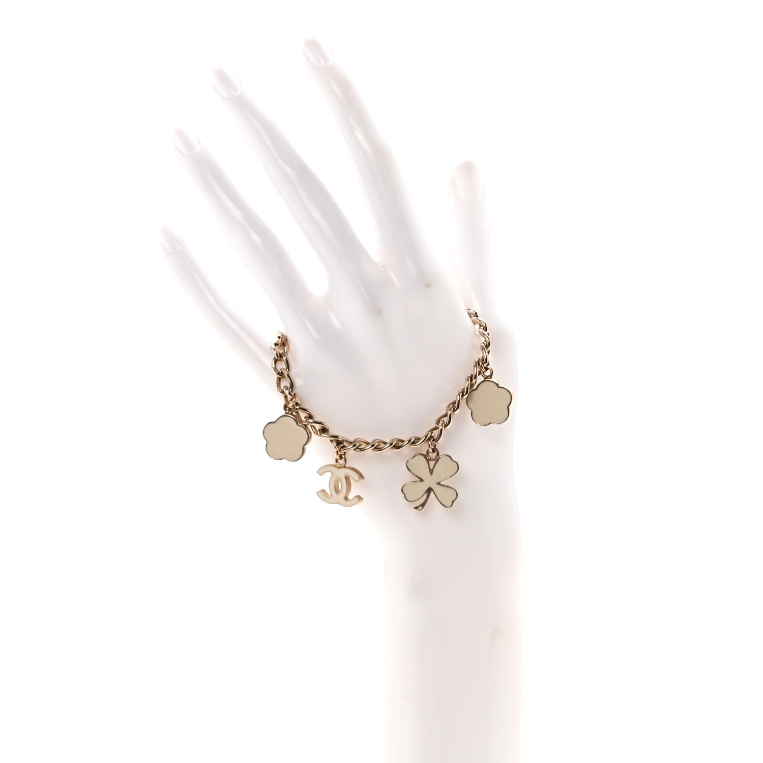 Chanel Enamel Crystal Pearl CC Lucky Charms Bracelet Gold White 2 of 5