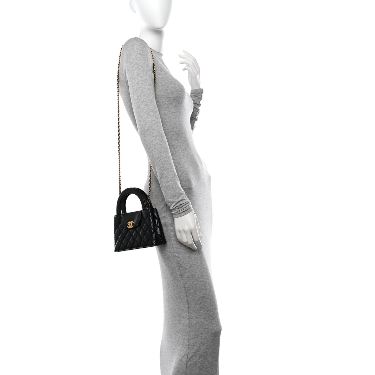Shiny Aged Calfskin Quilted Nano Kelly Shopper Black