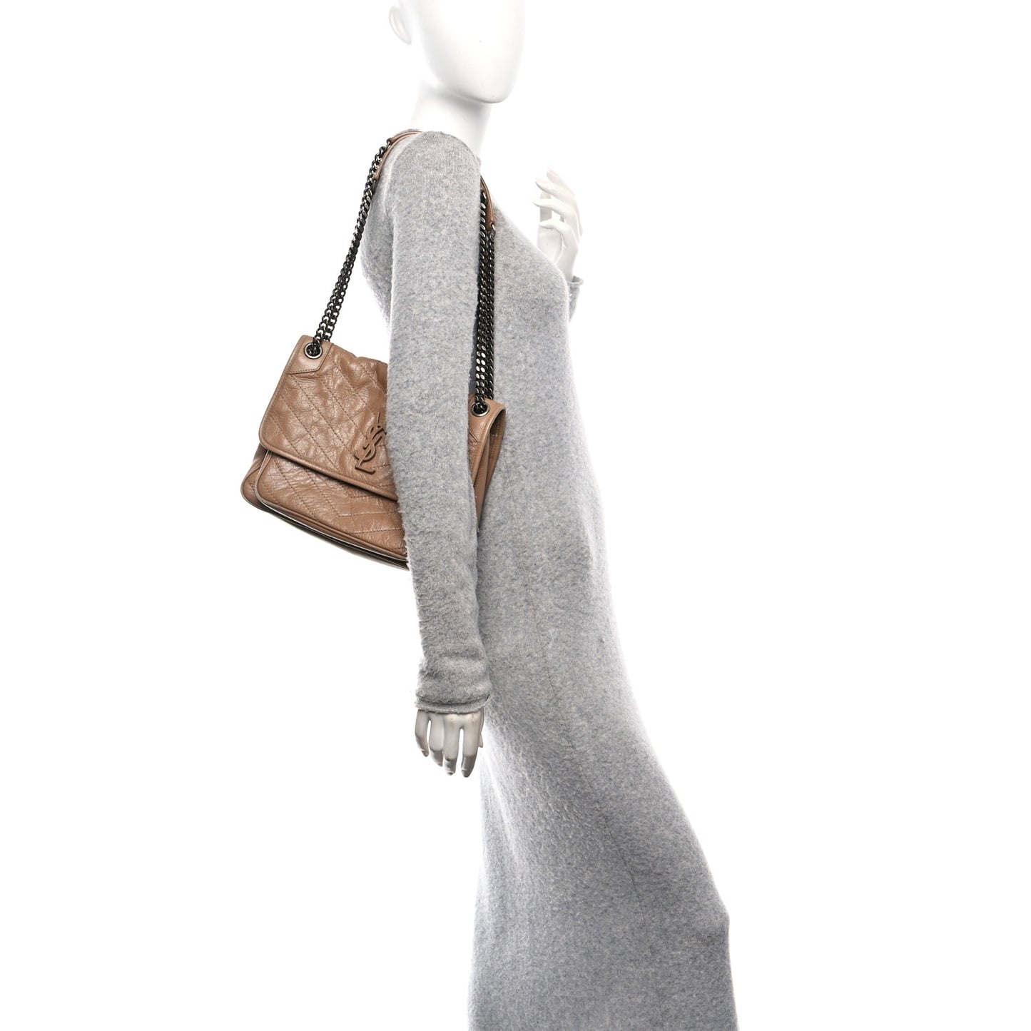 Crinkled Calfskin Matelasse Monogram Medium Niki Chain Satchel Natural Tan