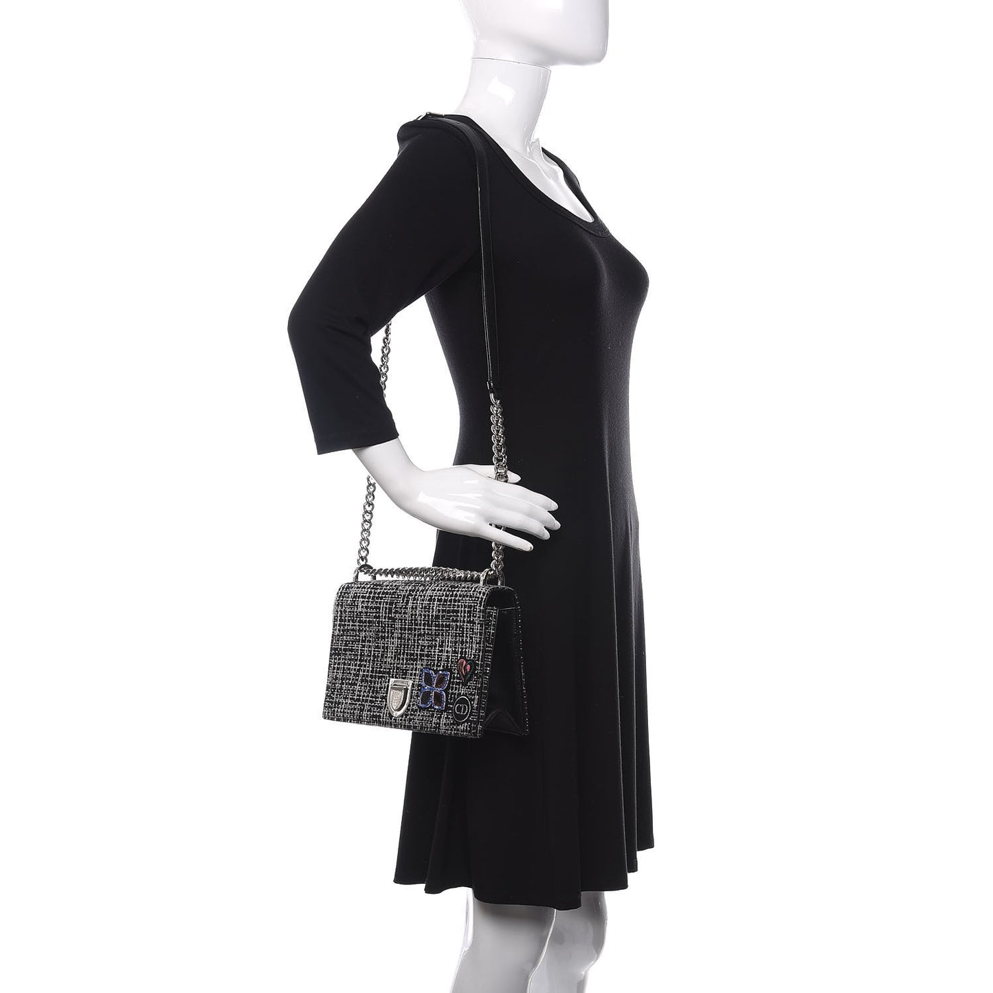 Tweed Embellished Diorama Flap Bag Black White