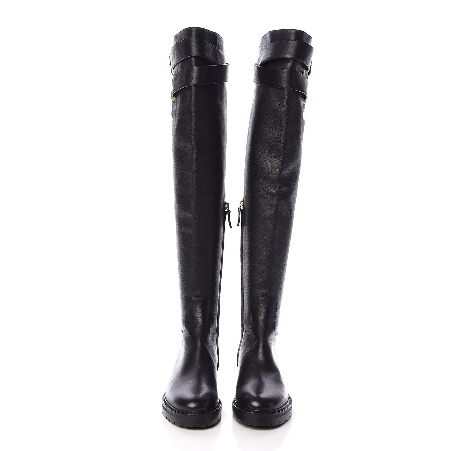 Calfskin Knee High Buckle Boots 36 Black