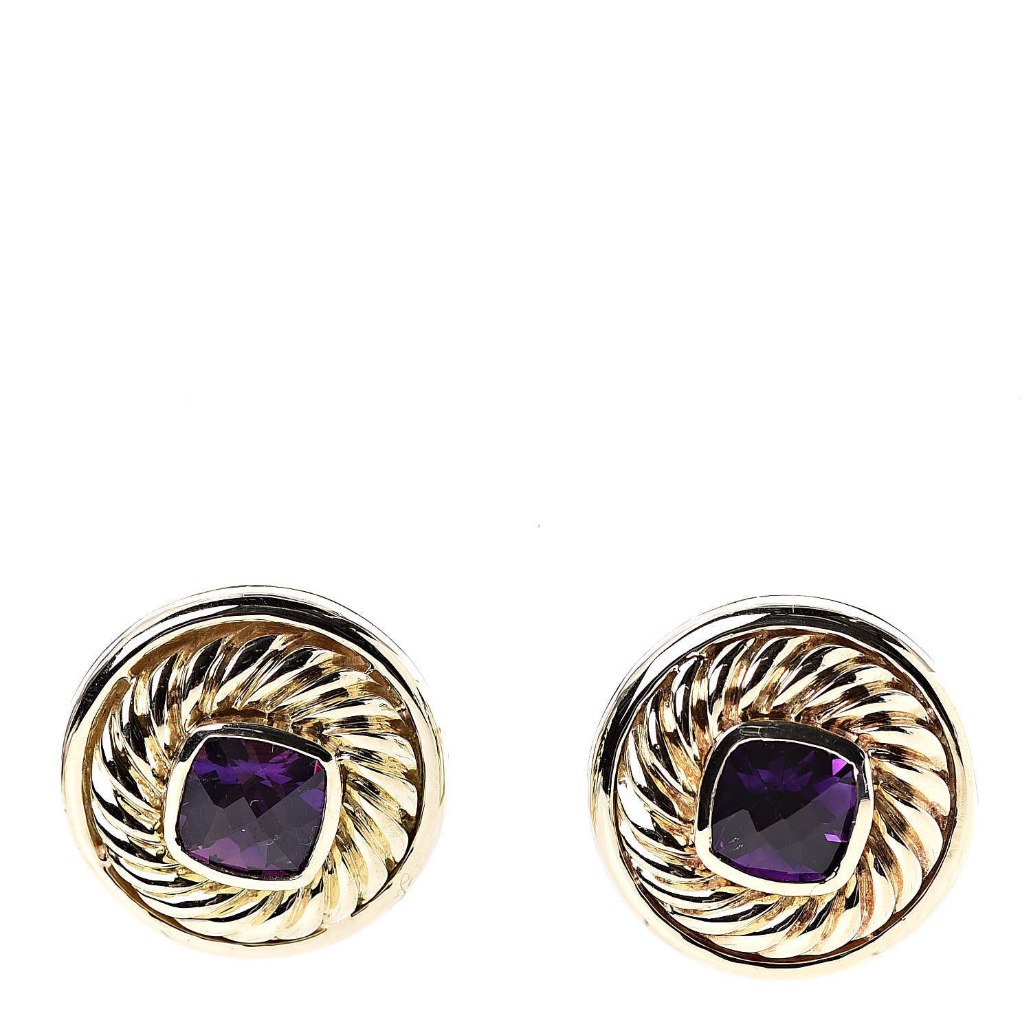 David Yurman 18K Yellow Gold Amethyst Round Cable Earrings 1 of 4