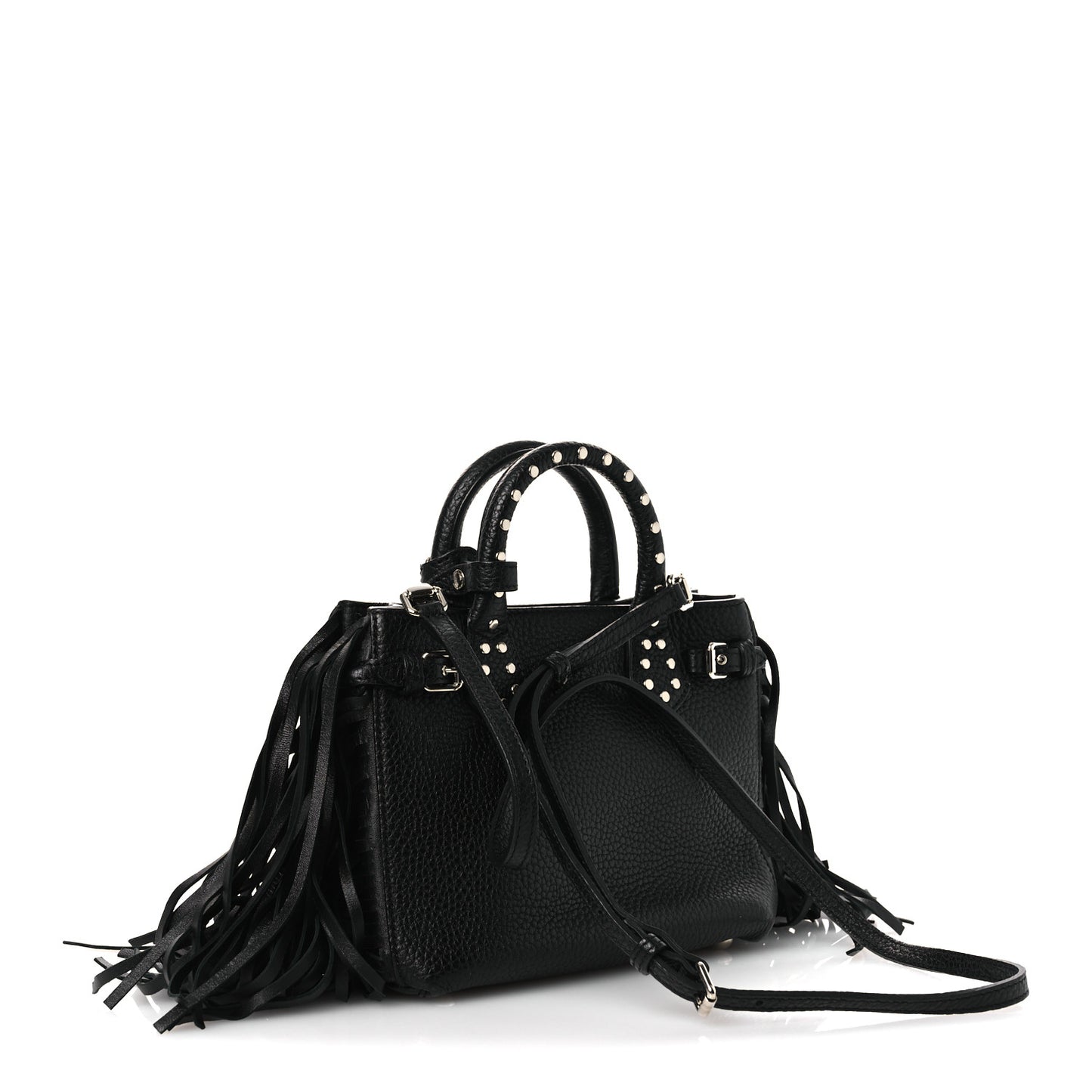 Grainy Calfskin Studded Fringe Baby Banner Tote Black