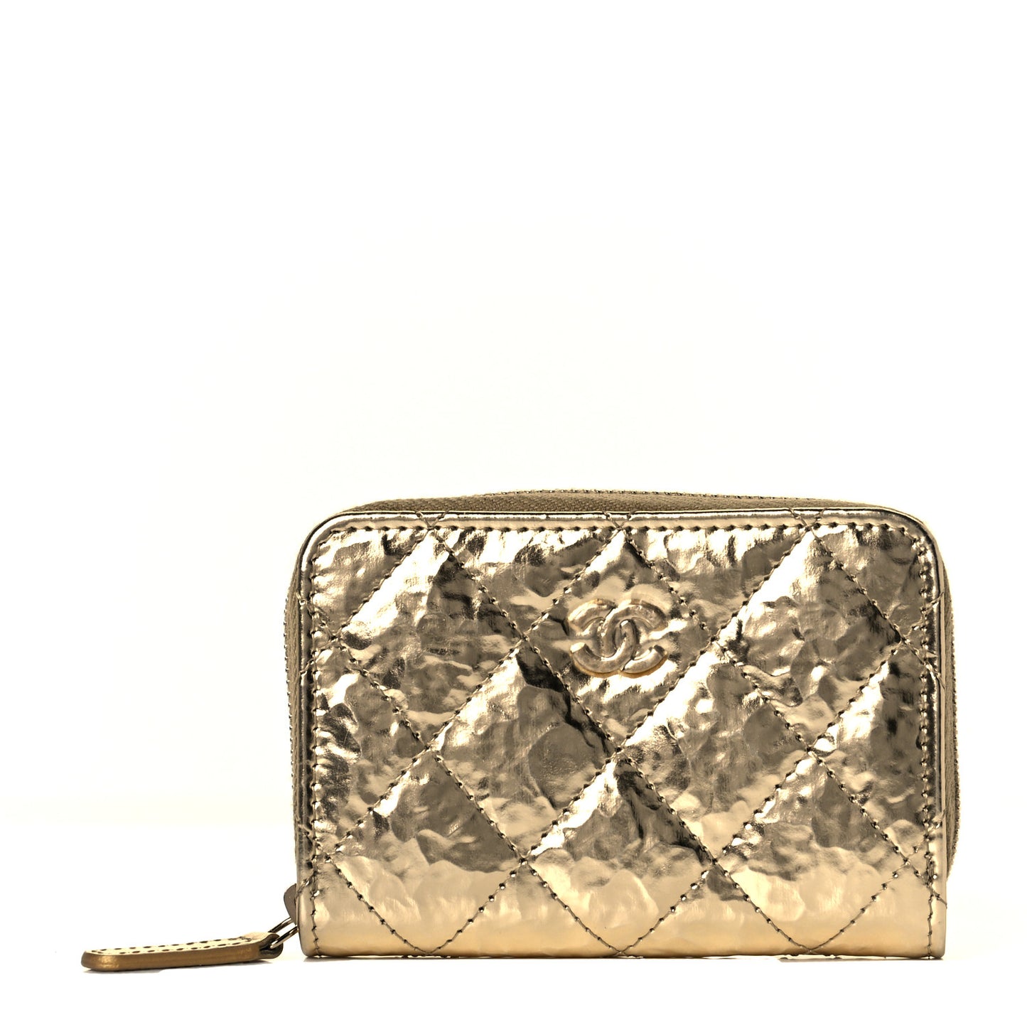 Hammered Metallic Calfskin Quilted Zip Coin Purse Gold