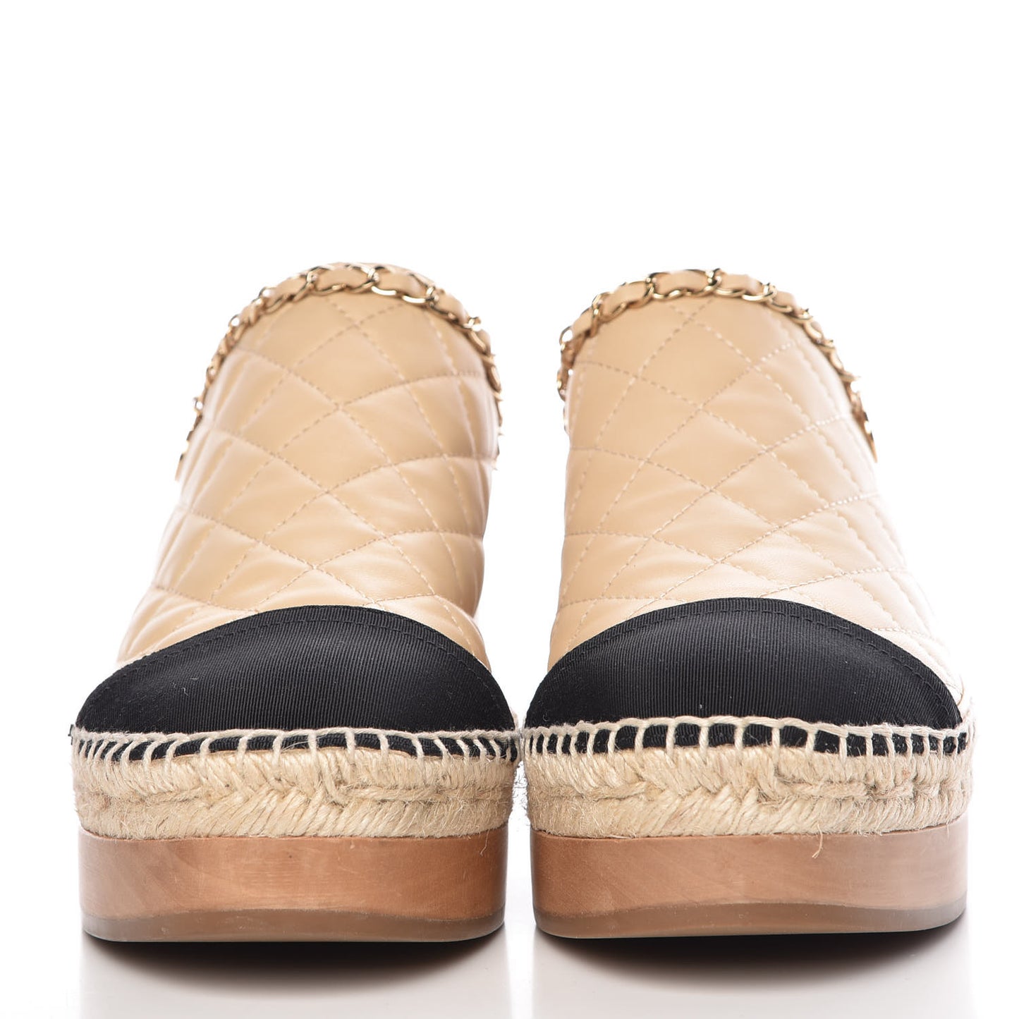 Lambskin Grosgrain Quilted CC Chain Espadrille Mules 41 Beige Black