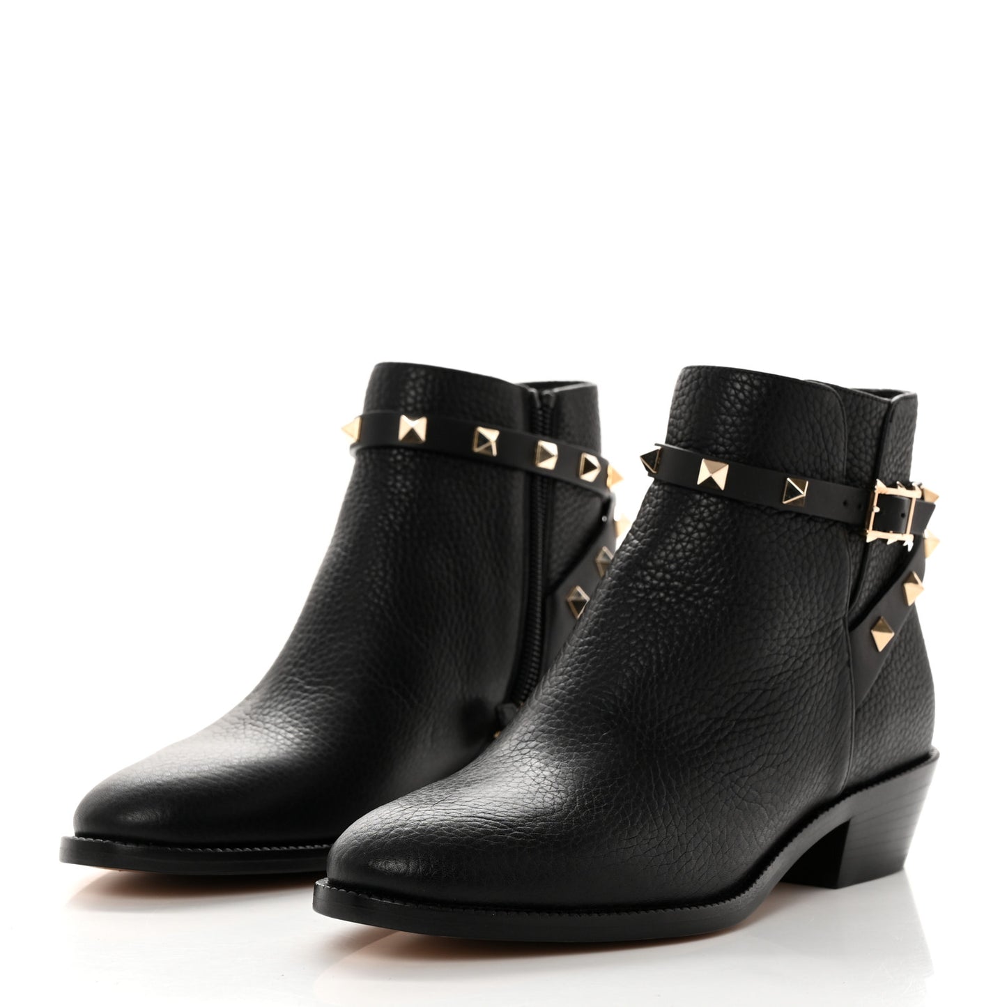 Grained Calfskin Rockstud Single Buckle 35mm Cowboy Ankle Boots 36.5 Black