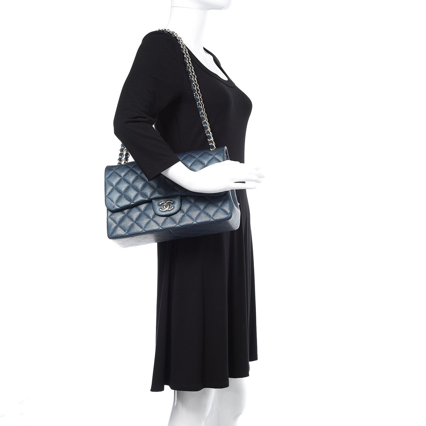 Iridescent Caviar Quilted Jumbo Double Flap Dark Blue