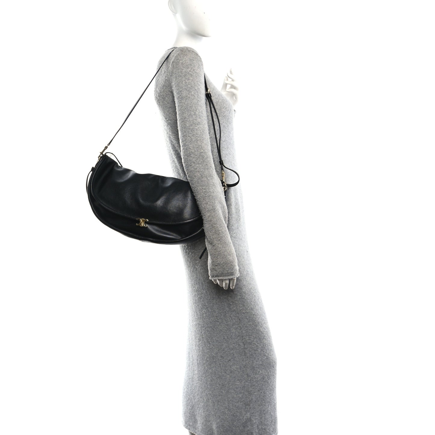 Shiny Lambskin Soft Triomphe Half Moon Bag Black