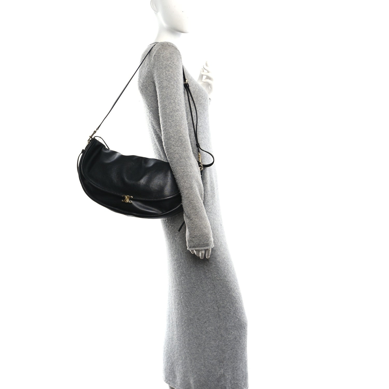 Celine Shiny Lambskin Soft Triomphe Half Moon Bag Black 2 of 9