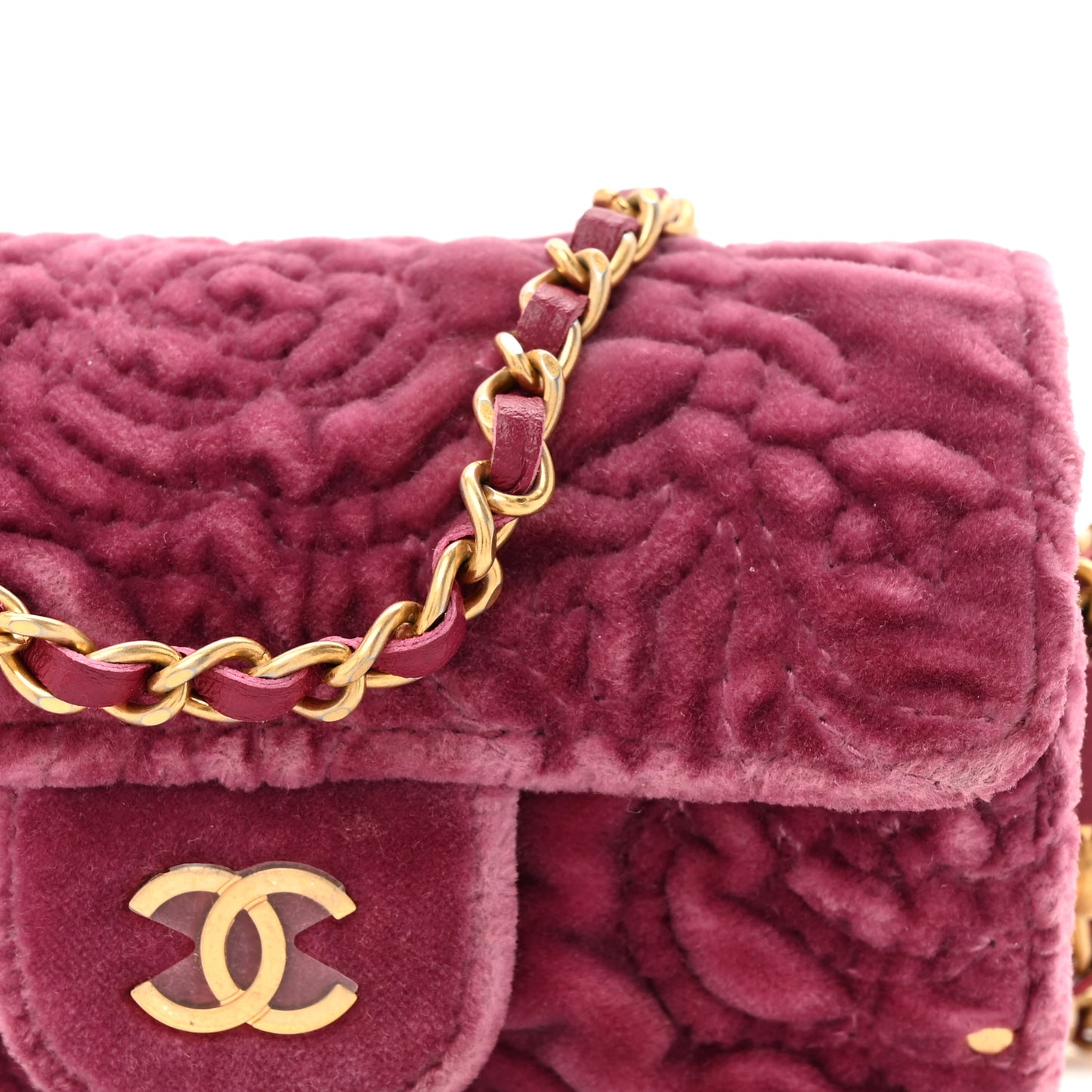 Velvet Camellia Embossed Jewel Belt Card Holder With Chain Pink