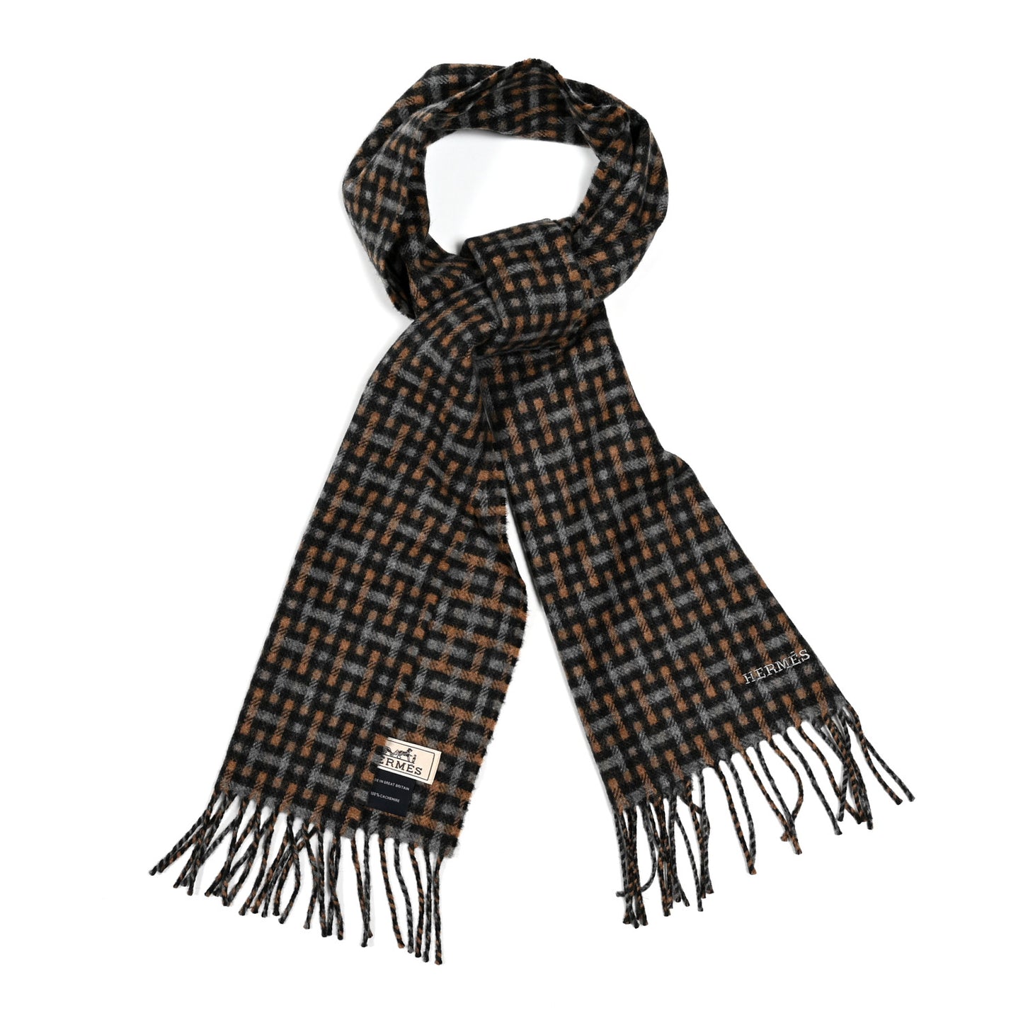 Cashmere H Ecossais Muffler Black Flanelle Camel