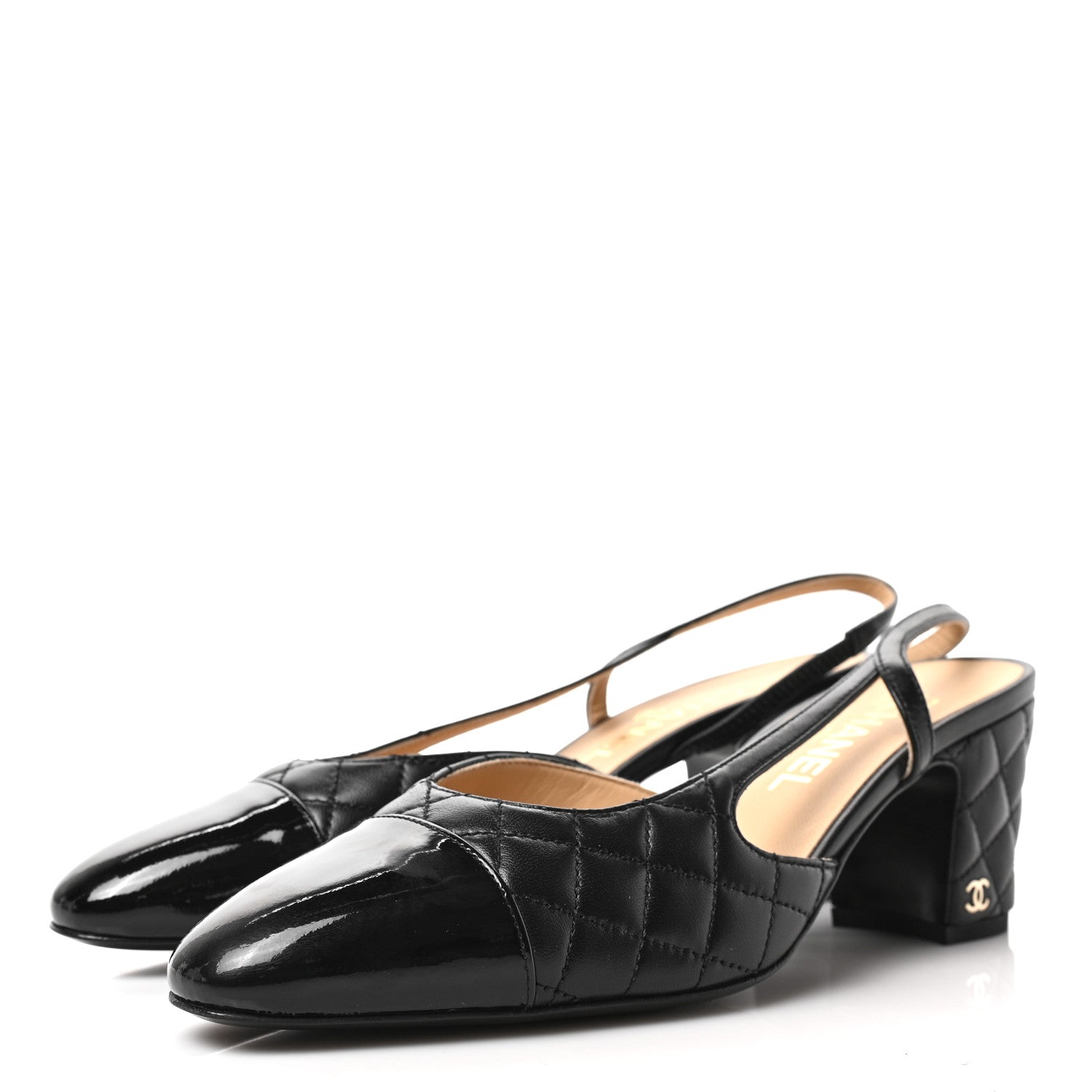 Chanel Lambskin Patent Calfskin Quilted Cap Toe CC Slingback Pumps 39.5 Black 3 of 8