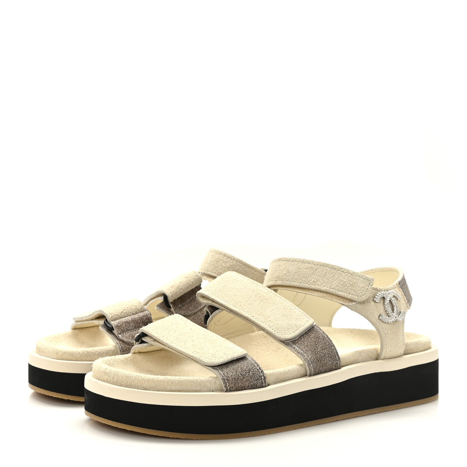 Chanel Suede Calfskin Velcro Flat Sandals 39 Ivory Dark Beige 4 of 8
