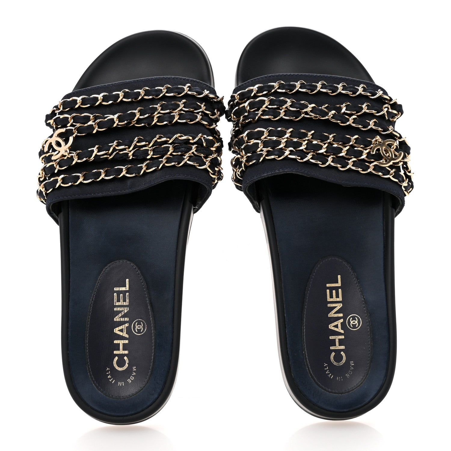 Chanel Satin Canvas Chain Slides Sandals Flats 38 Marine 2 of 12